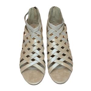 Eileen Fisher Beige Leather Wedge Heel Sandals Woven Cage Open Toe Size 11